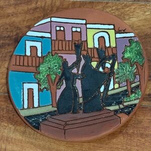 Tile Decor Pottery Village signed Jove Redware Enameled 6" Rare VTG Art